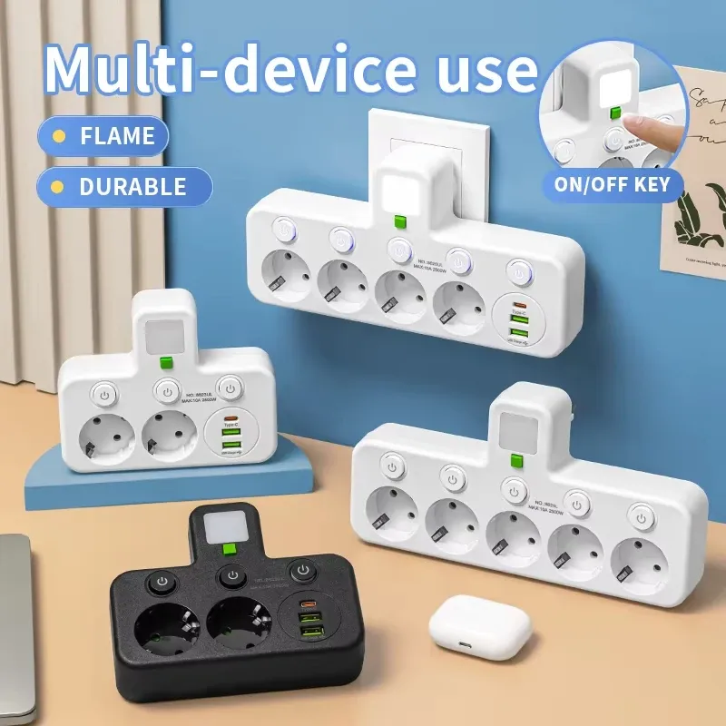 Multiprise avec prise EU, 3 prises CA + 2 ports USB + 1 port USB-C, adaptateur 6 en 1, chargeur mural sans fil pour la maison et le bureau 1