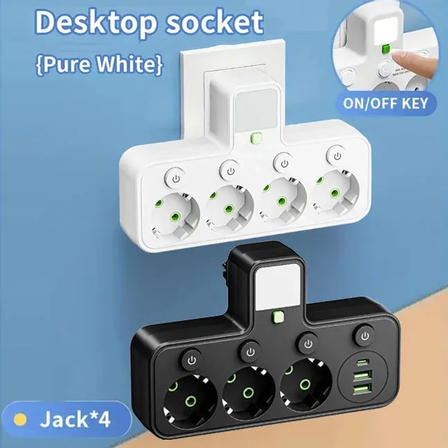 Multiprise avec prise EU, 3 prises CA + 2 ports USB + 1 port USB-C, adaptateur 6 en 1, chargeur mural sans fil pour la maison et le bureau 2