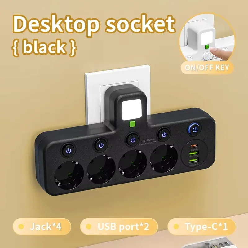 Multiprise avec prise EU, 3 prises CA + 2 ports USB + 1 port USB-C, adaptateur 6 en 1, chargeur mural sans fil pour la maison et le bureau 4