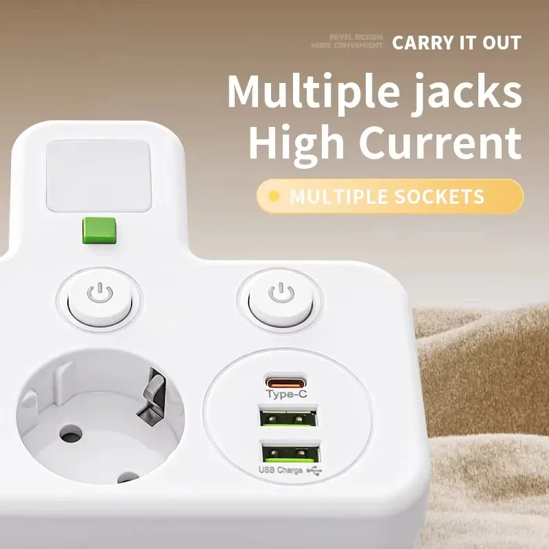 Multiprise avec prise EU, 3 prises CA + 2 ports USB + 1 port USB-C, adaptateur 6 en 1, chargeur mural sans fil pour la maison et le bureau 5