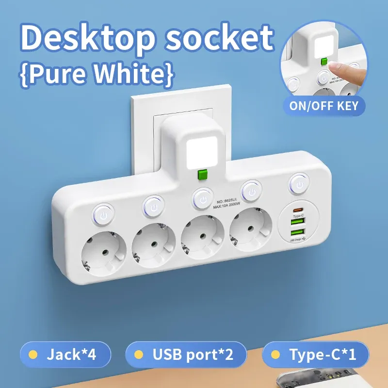 Multiprise avec prise EU, 3 prises CA + 2 ports USB + 1 port USB-C, adaptateur 6 en 1, chargeur mural sans fil pour la maison et le bureau 7