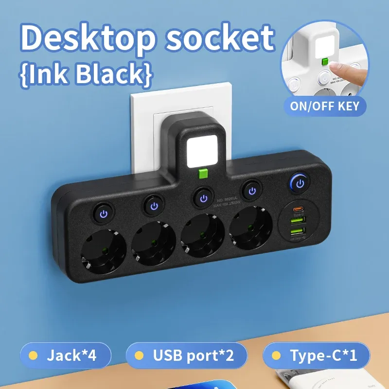 Multiprise avec prise EU, 3 prises CA + 2 ports USB + 1 port USB-C, adaptateur 6 en 1, chargeur mural sans fil pour la maison et le bureau 8