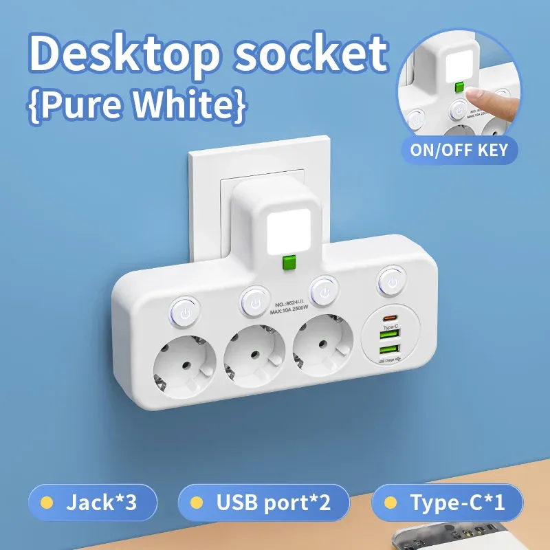 Multiprise avec prise EU, 3 prises CA + 2 ports USB + 1 port USB-C, adaptateur 6 en 1, chargeur mural sans fil pour la maison et le bureau 9