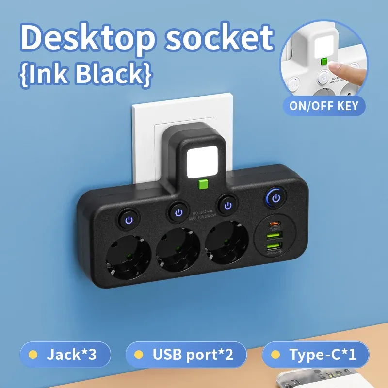 Multiprise avec prise EU, 3 prises CA + 2 ports USB + 1 port USB-C, adaptateur 6 en 1, chargeur mural sans fil pour la maison et le bureau 10