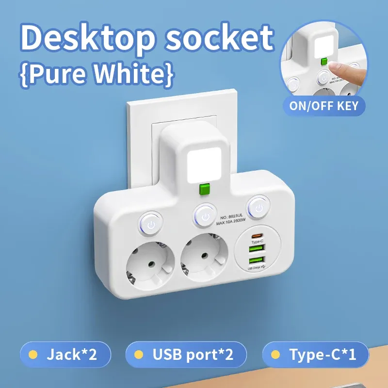 Multiprise avec prise EU, 3 prises CA + 2 ports USB + 1 port USB-C, adaptateur 6 en 1, chargeur mural sans fil pour la maison et le bureau 11