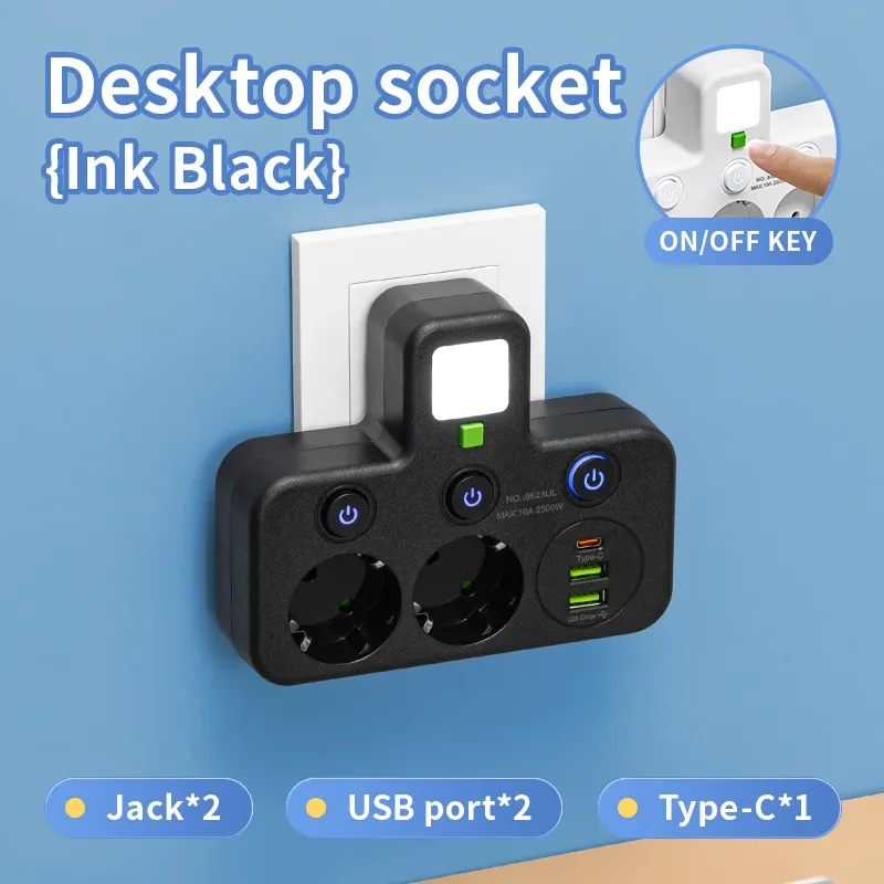 Multiprise avec prise EU, 3 prises CA + 2 ports USB + 1 port USB-C, adaptateur 6 en 1, chargeur mural sans fil pour la maison et le bureau 12