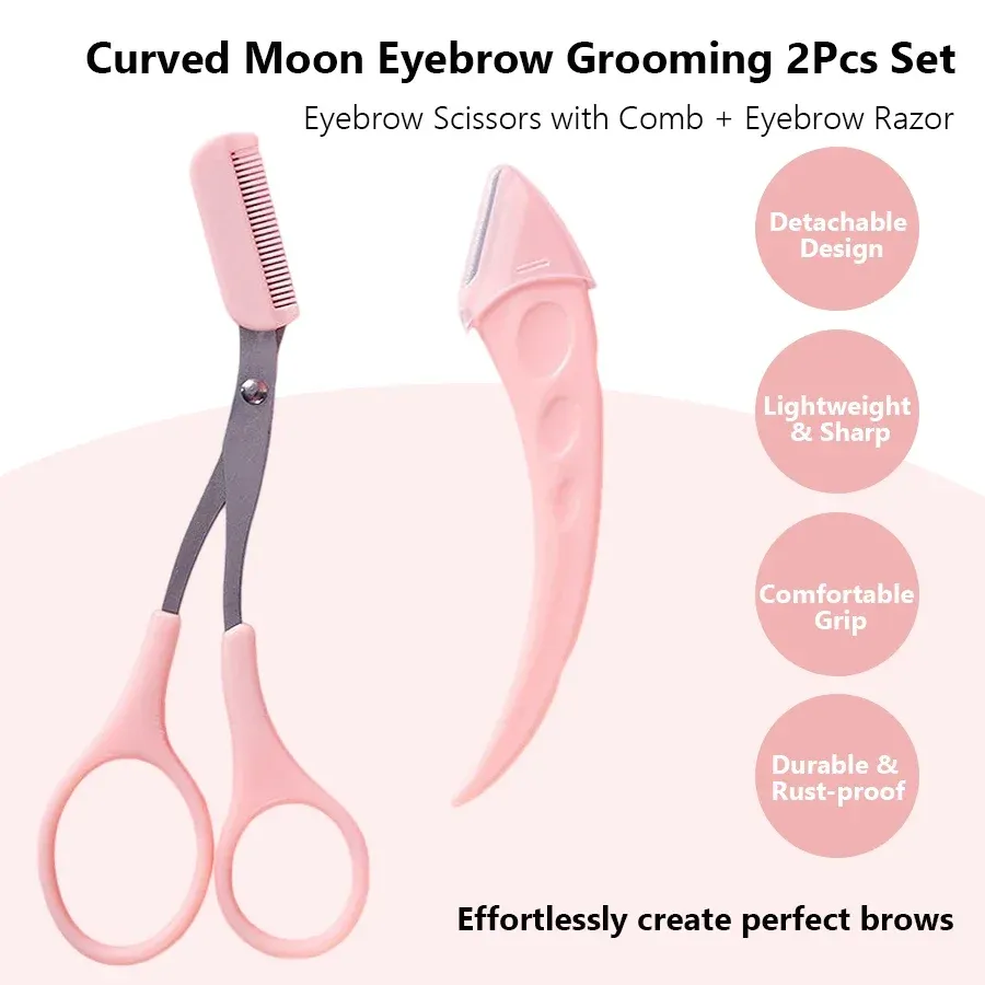 Kit de toilettage des sourcils 2 pièces : rasoir incurvé et ciseaux de précision, faciles à utiliser pour les débutantes et débutants 2
