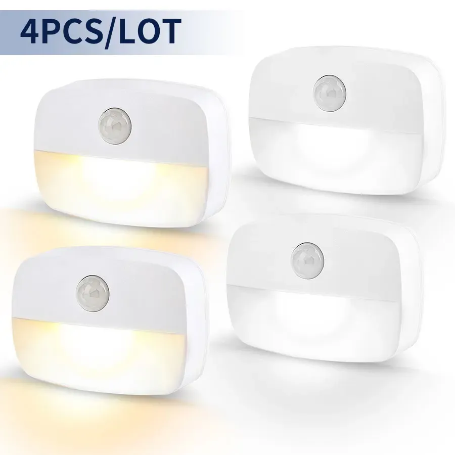 Lot de 4 veilleuses LED à détecteur de mouvement sans fil, fonctionnant sur piles AAA