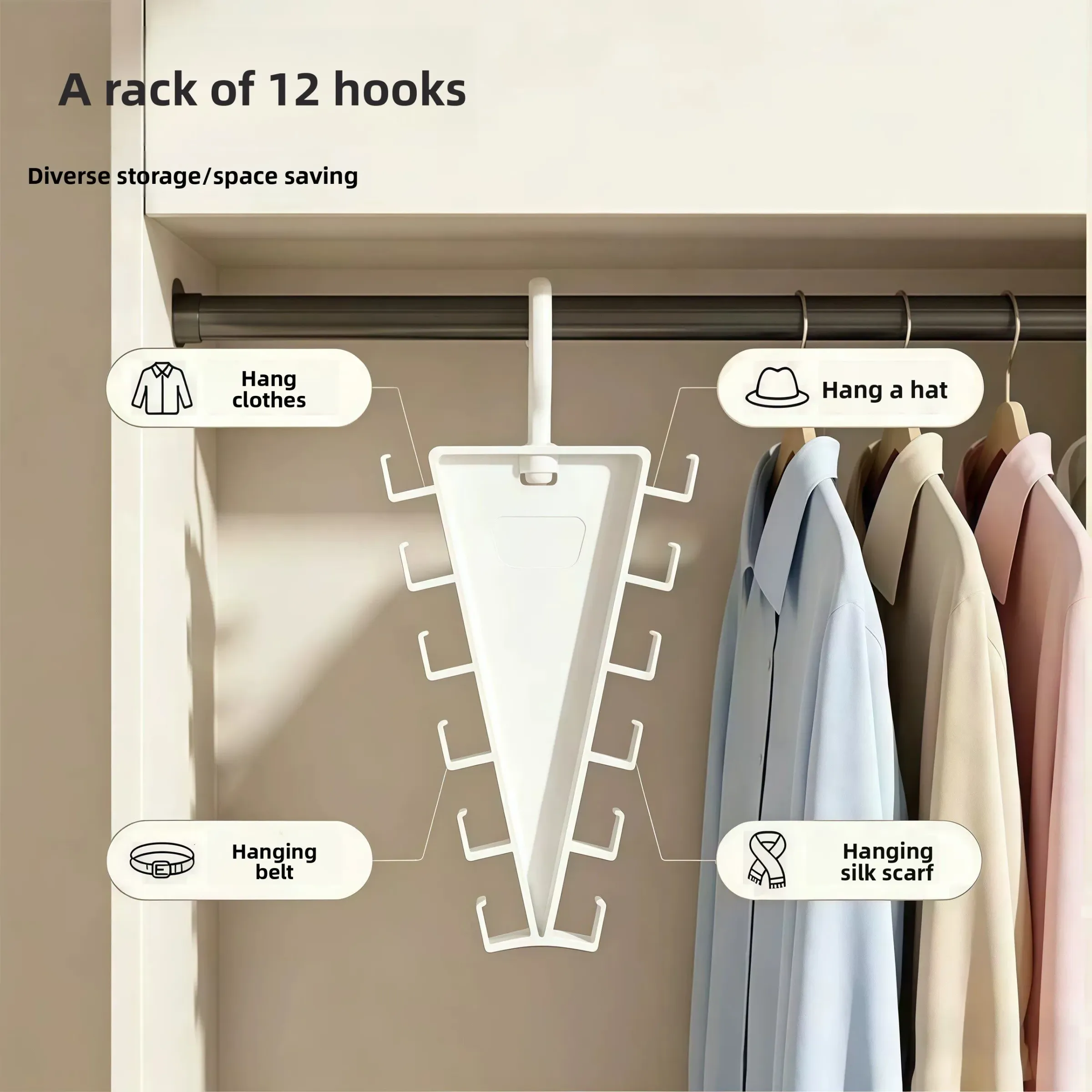 Porte-vêtements en V gain de place, 12 crochets, organisateur de vêtements, rangement vertical pour penderie, chambre, armoire, chapeaux, ceintures et écharpes 2