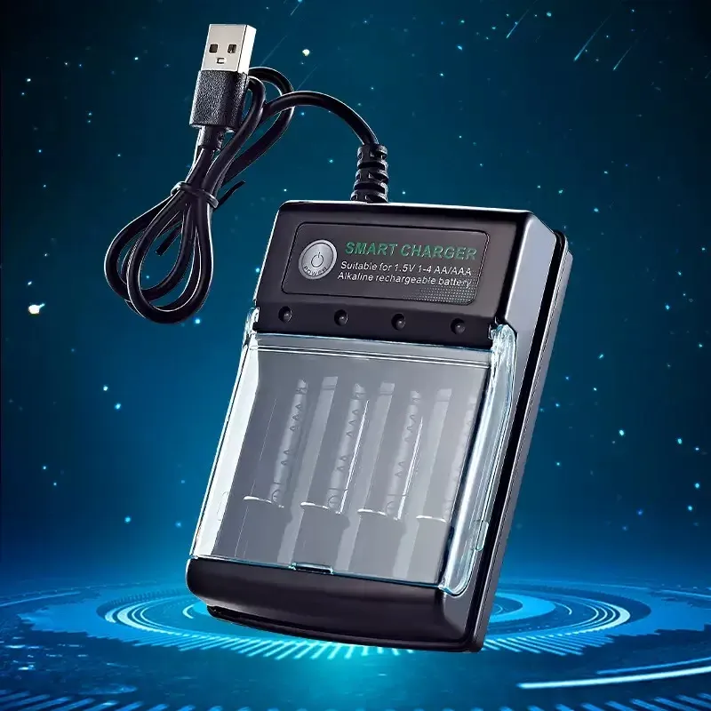 Chargeur USB 4 emplacements pour piles AA, chargeur indépendant intelligent et portable avec couvercle 5