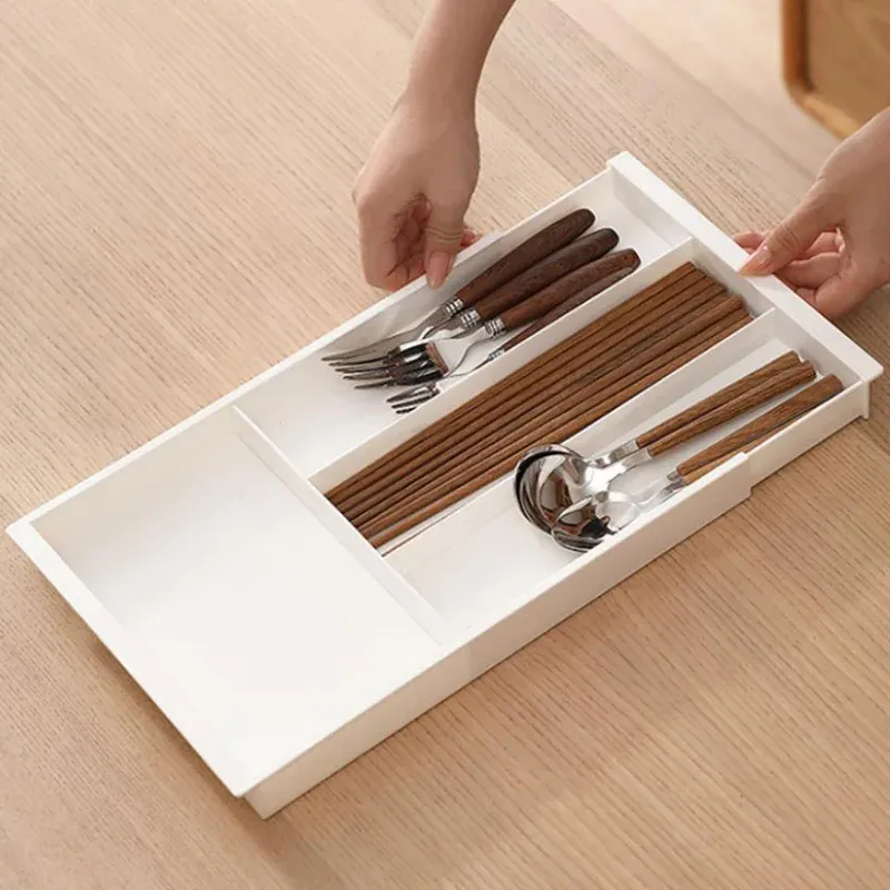 Organisateur de couverts extensible et réglable en argent, plateau à ustensiles pour tiroir de cuisine - Image 1