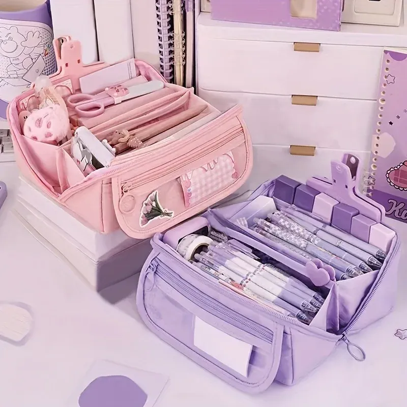 Organisateur de trousse à crayons à grande capacité – Rangement de bureau multi-compartiments pour fournitures scolaires et de bureau (rose/violet/noir)