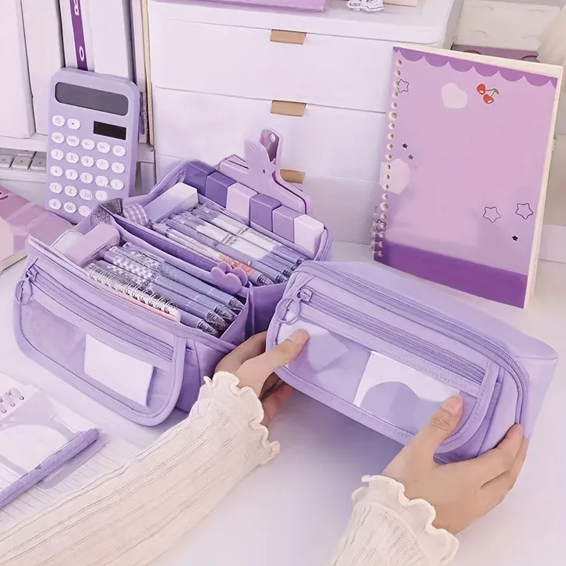 Organisateur de trousse à crayons à grande capacité – Rangement de bureau multi-compartiments pour fournitures scolaires et de bureau (rose/violet/noir) 4
