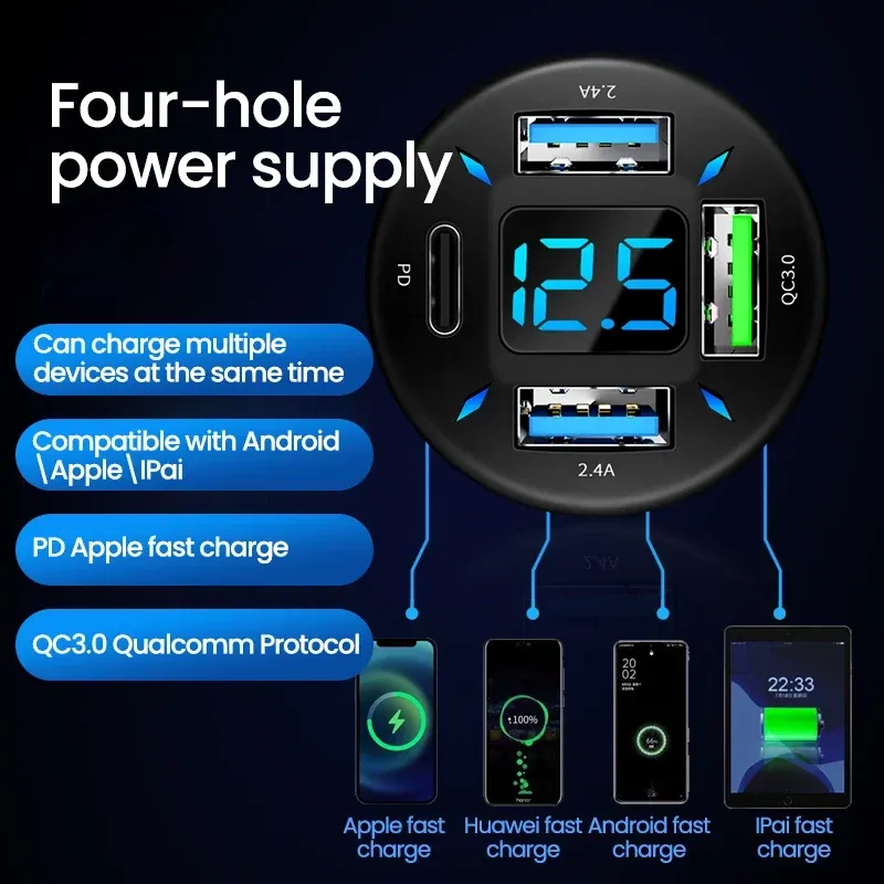 Chargeur de voiture 66W 4 ports USB, charge rapide PD et Quick Charge 3.0, adaptateur USB-C pour iPhone 13, iPhone 12, Xiaomi et Samsung 4