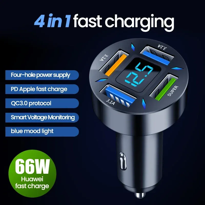 Chargeur de voiture 66W 4 ports USB, charge rapide PD et Quick Charge 3.0, adaptateur USB-C pour iPhone 13, iPhone 12, Xiaomi et Samsung 5