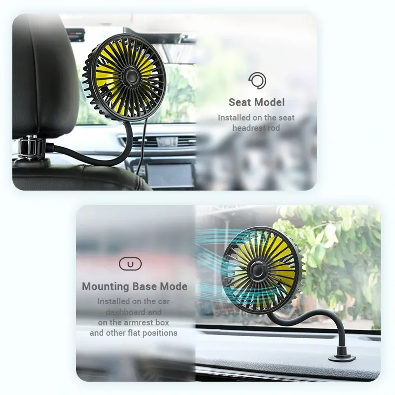SEAMETAL Ventilateur électrique de voiture à vent puissant, 3 vitesses, rotation à 360 degrés, portable, pour sièges arrière 3