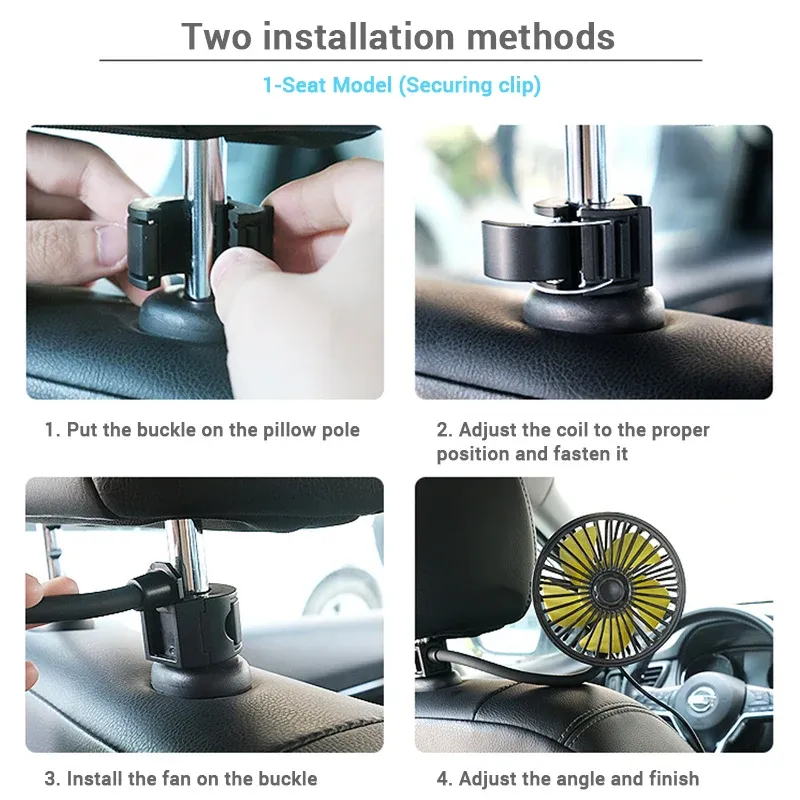SEAMETAL Ventilateur électrique de voiture à vent puissant, 3 vitesses, rotation à 360 degrés, portable, pour sièges arrière 4