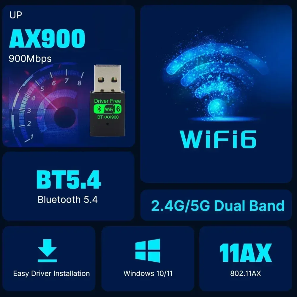 Adaptateur USB Wi-Fi 6 AX900 avec Bluetooth 5.4, carte réseau sans fil double bande 2,4 GHz et 5 GHz, antenne et récepteur de signal pour PC et ordinateur portable, compatible Windows 10/11 2