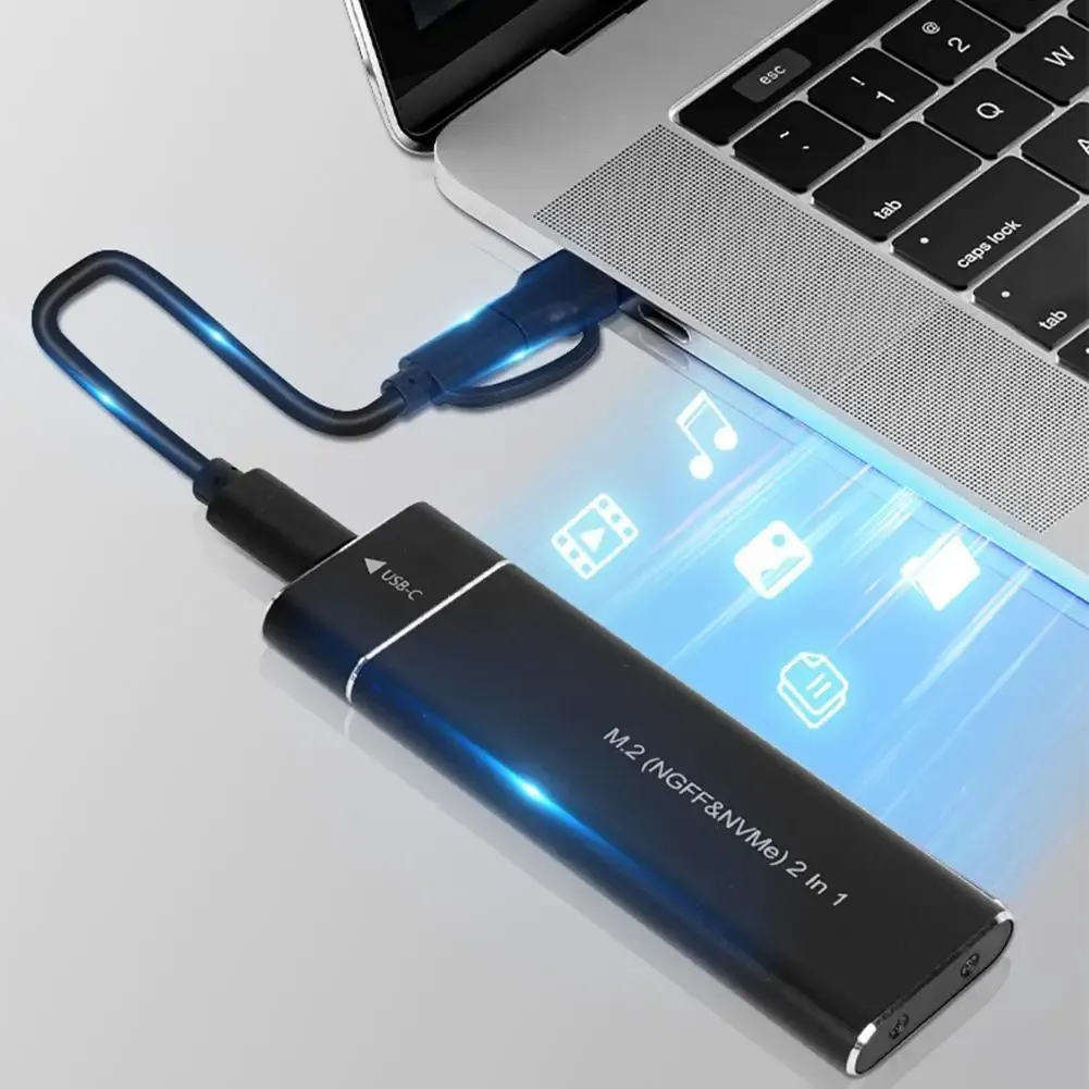Le title is already in French, so I'll give a clean professional version:
Boîtier SSD M.2 double protocole NVMe et SATA, adaptateur USB 3.1 Type-C 10 Gbit/s, boîtier externe compatible clés M et B+M