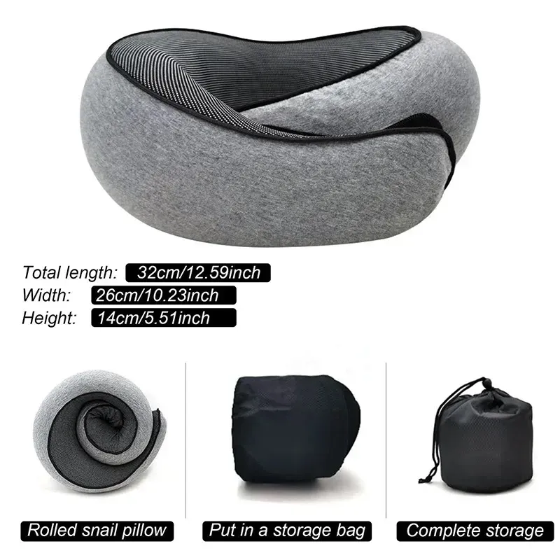 Oreiller de voyage en mousse à mémoire de forme en forme de U, style escargot, support de cou portable et réglable, doux, idéal pour la sieste et le sommeil en déplacement 3