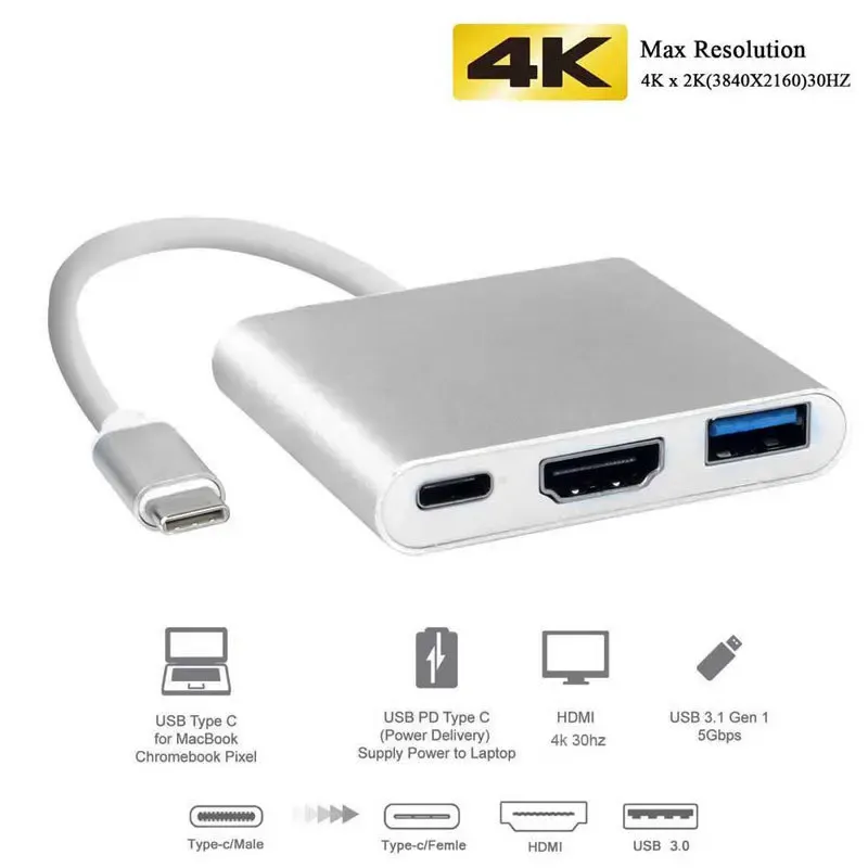 Adaptateur USB-C vers HDMI 4K avec hub USB 3.0 et charge USB-C