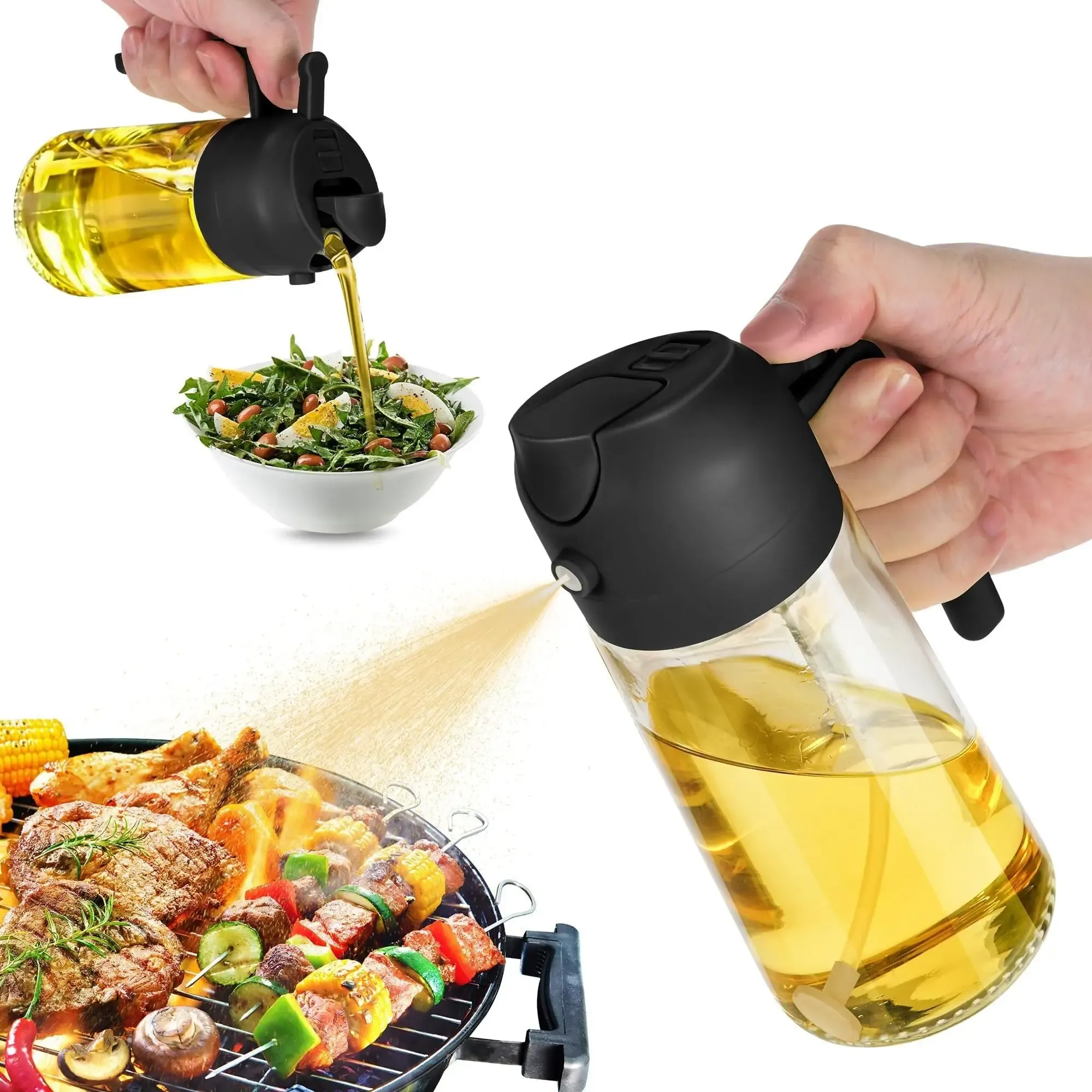 Bouteille d'huile 2-en-1 avec pulvérisateur et distributeur pour la cuisson, le barbecue et la pâtisserie - Image 1