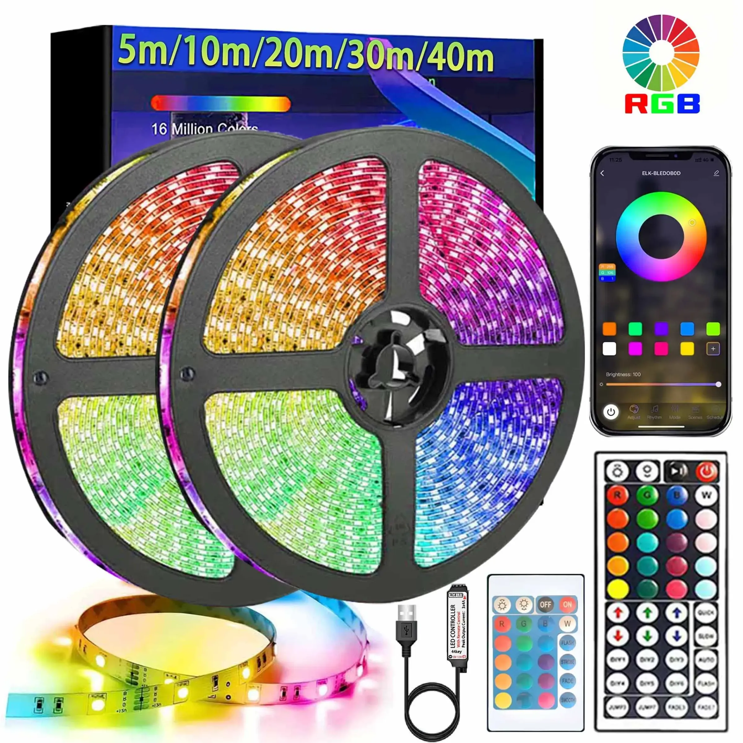 Bande LED RGB 5050 pour rétroéclairage de téléviseur, contrôle Bluetooth et USB (5 m, 10 m, 20 m, 40 m)