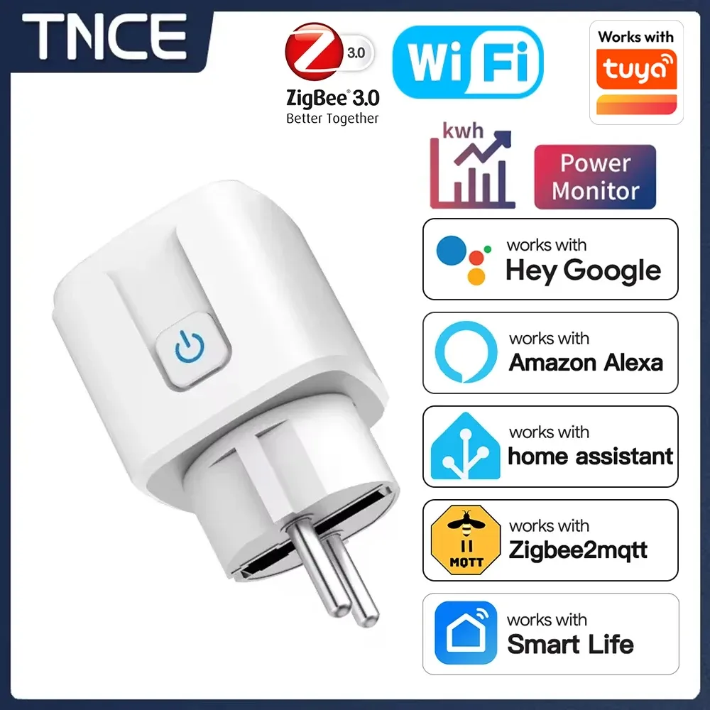 Prise intelligente TNCE TUYA WiFi ou Zigbee 3.0, prise EU 16A/20A avec moniteur de puissance, fonction de synchronisation, compatible commande vocale Alexa et Google Home