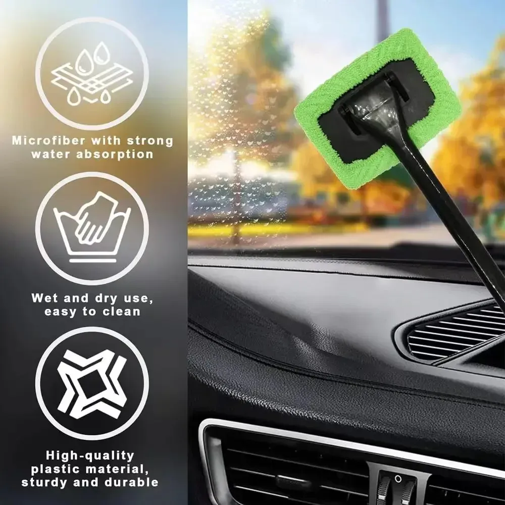 Kit de brosses de nettoyage pour vitres de voiture avec long manche, outil de lavage de pare-brise et essuie-glace intérieur 3