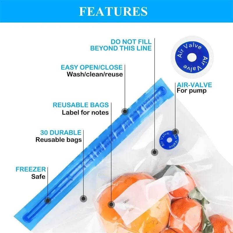 Sacs sous vide avec pompe de scellage et valve d'air pour la conservation des aliments 6