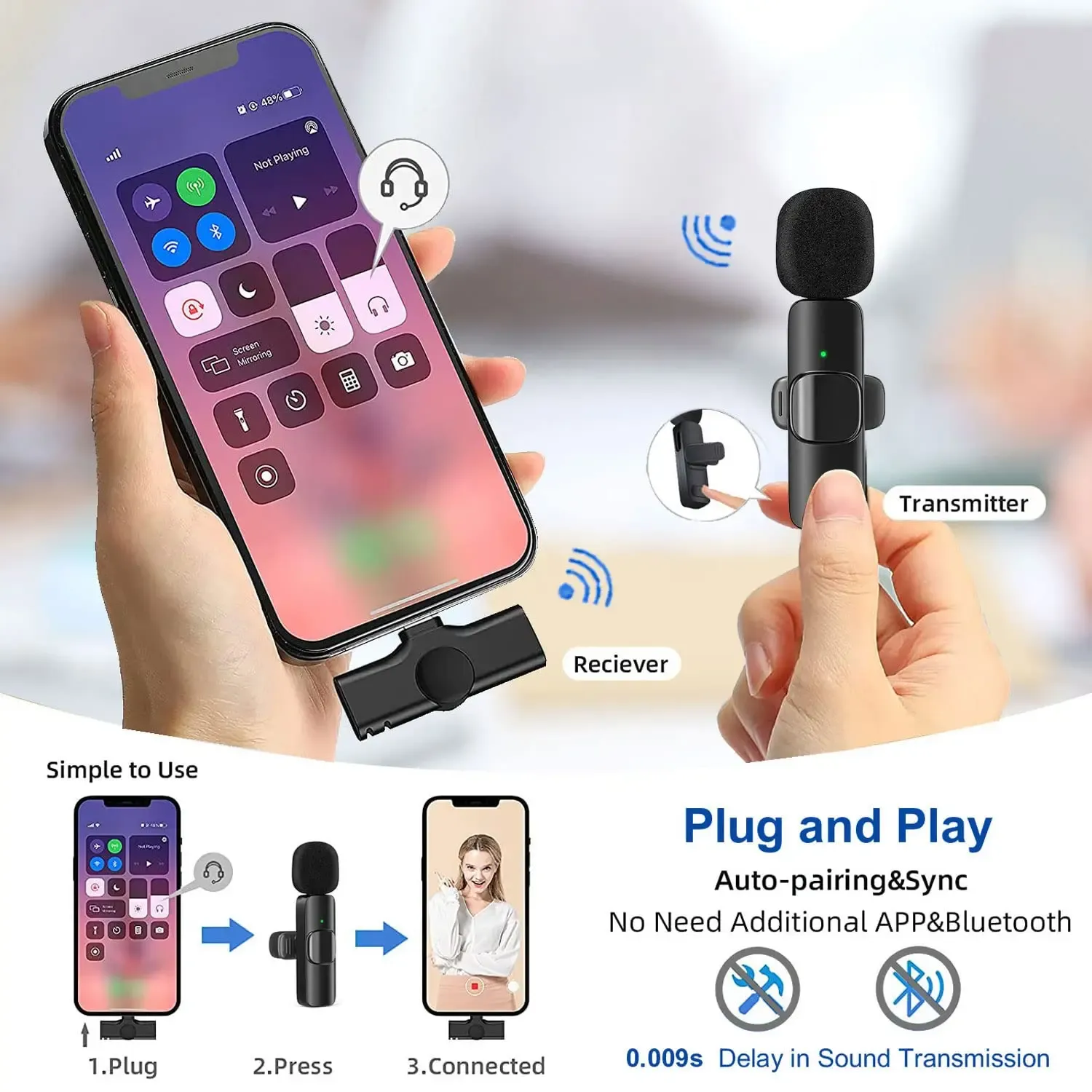 Microphone-cravate sans fil pour iPhone, Android et USB-C, avec réduction du bruit pour streaming en direct et interviews 6