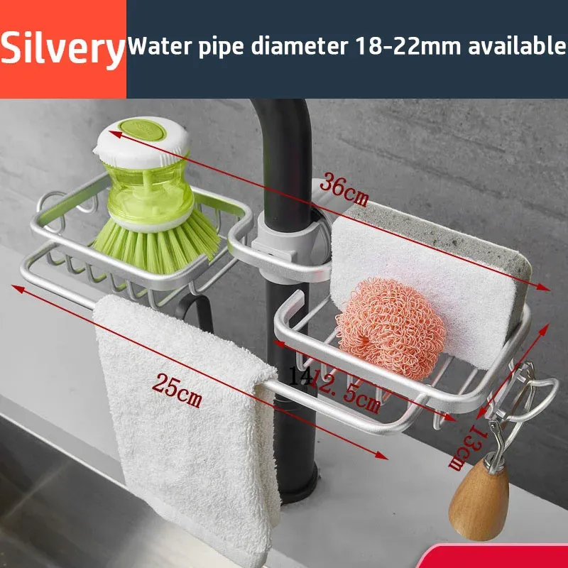 Organisateur d'évier en aluminium avec égouttoir à savon, porte-éponge et support de robinet 12