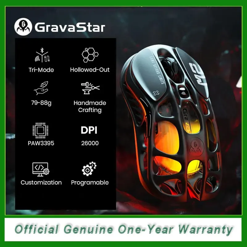 Souris de jeu sans fil GravaStar Mercury M2 – Conception légère évidée, 5 DPI programmables, 26 000 DPI, capteur PAW3395DM