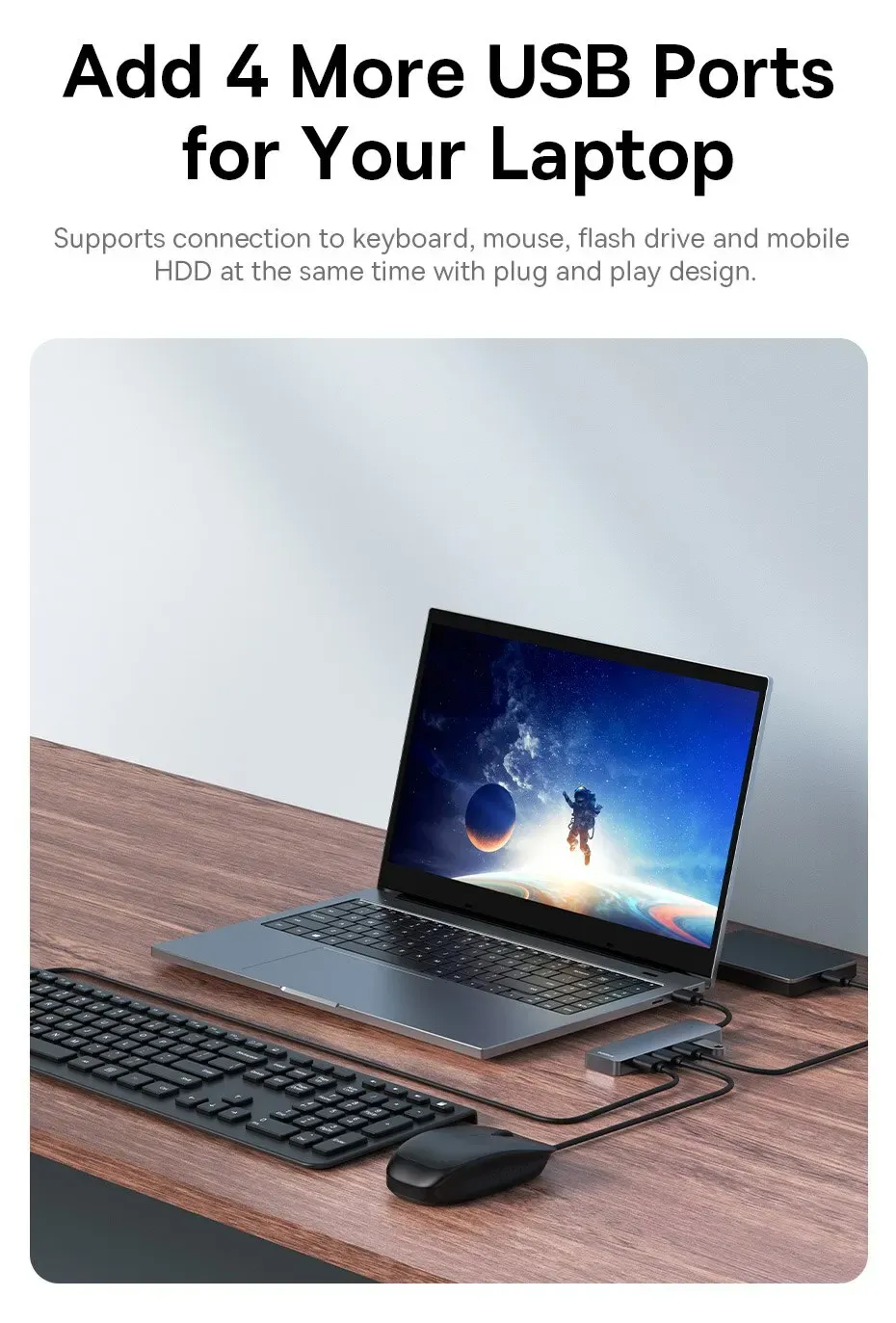 Hub USB BASEUS 4 ports, finition soignée