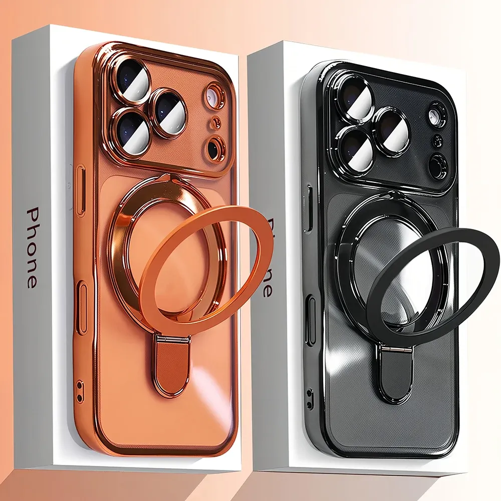 Coque de téléphone de luxe avec support magnétique pour iPhone 17, 16, 15, 14, 13 Pro Max, compatible MagSafe, avec support intégré et coque transparente 6