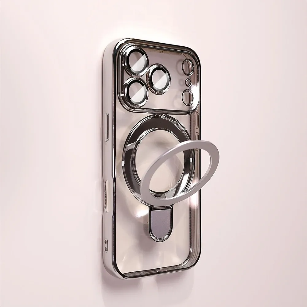 Coque de téléphone de luxe avec support magnétique pour iPhone 17, 16, 15, 14, 13 Pro Max, compatible MagSafe, avec support intégré et coque transparente 11