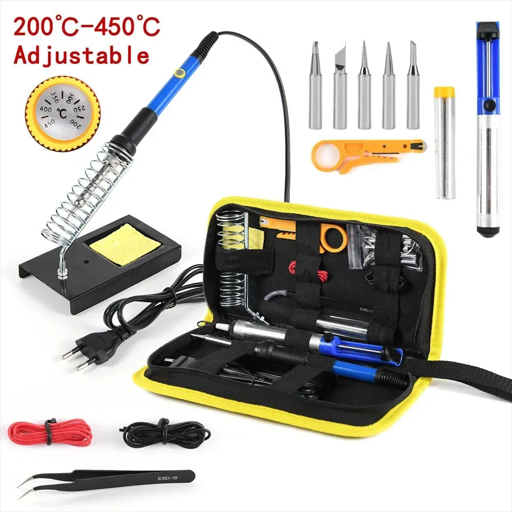 Kit de fer à souder 220 V 60 W avec température réglable, 15 pièces, 450 °C, comprenant ventouse de dessoudage, fil d'étain et fiche UE