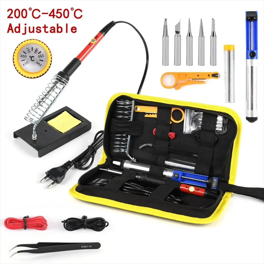 Kit de fer à souder 220 V 60 W avec température réglable, 15 pièces, 450 °C, comprenant ventouse de dessoudage, fil d'étain et fiche UE 3