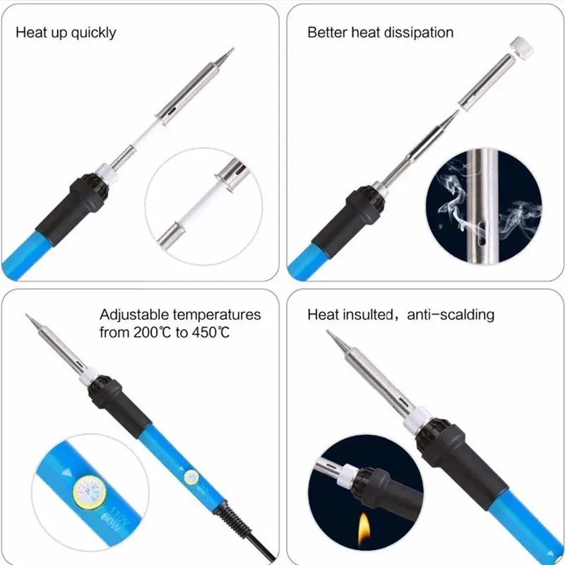 Kit de fer à souder 220 V 60 W avec température réglable, 15 pièces, 450 °C, comprenant ventouse de dessoudage, fil d'étain et fiche UE 4