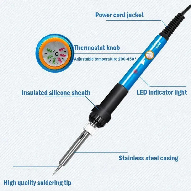Kit de fer à souder 220 V 60 W avec température réglable, 15 pièces, 450 °C, comprenant ventouse de dessoudage, fil d'étain et fiche UE 5