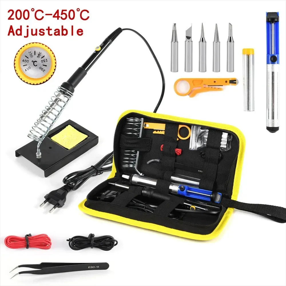 Kit de fer à souder 220 V 60 W avec température réglable, 15 pièces, 450 °C, comprenant ventouse de dessoudage, fil d'étain et fiche UE 9