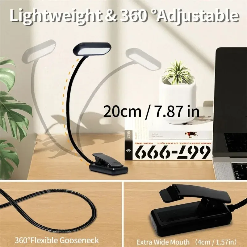 Lampe de lecture LED à clipser, rechargeable par USB, intensité réglable et col flexible 2