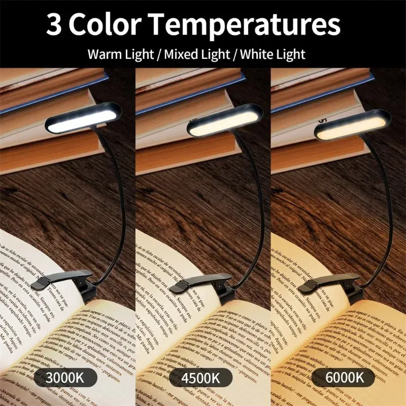 Lampe de lecture LED à clipser, rechargeable par USB, intensité réglable et col flexible 4