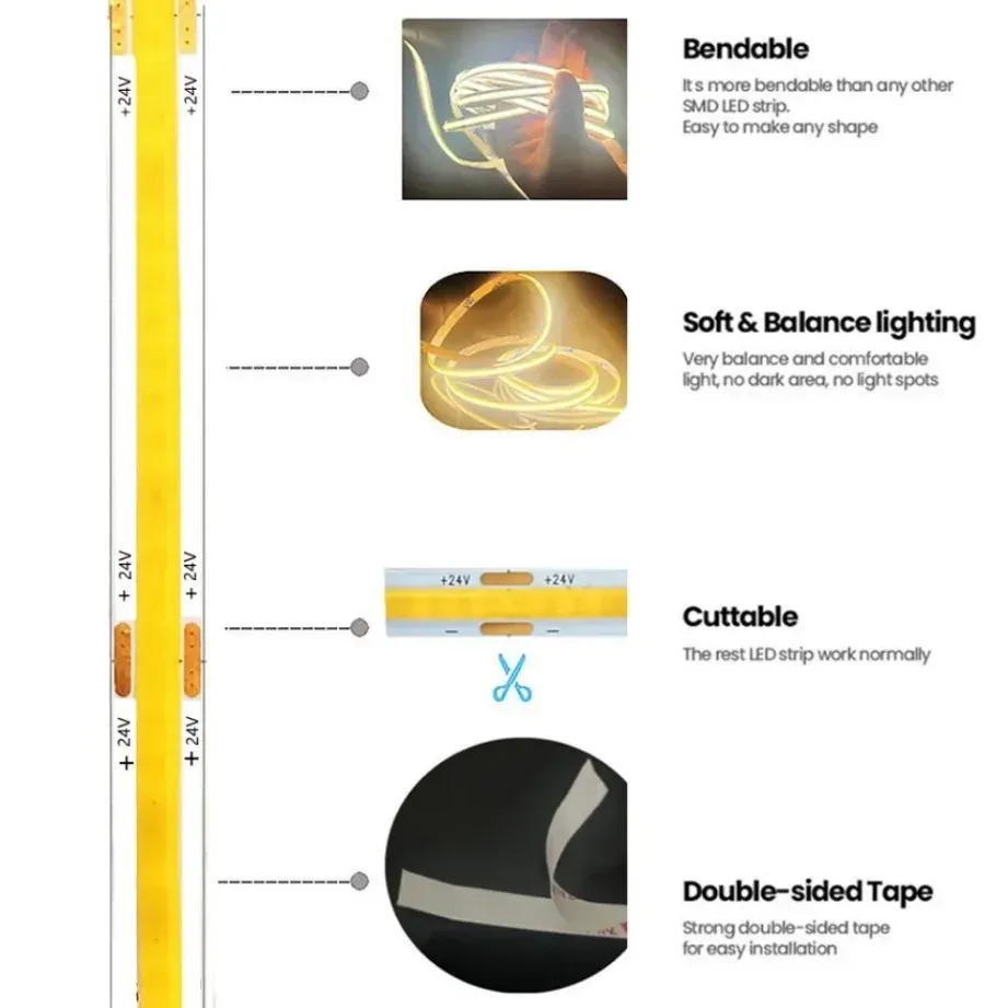 Ruban LED COB DC 12 V / 24 V, 320 ou 480 LED/m, haute densité, IRC90/IRC95, rose, jaune, bleu glacé, rouge, vert, flexible, éclairage LED FOB 4