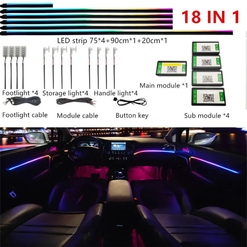 Éclairage d'ambiance LED RVB pour habitacle de voiture, 64 couleurs, guide de lumière acrylique, kit universel 6