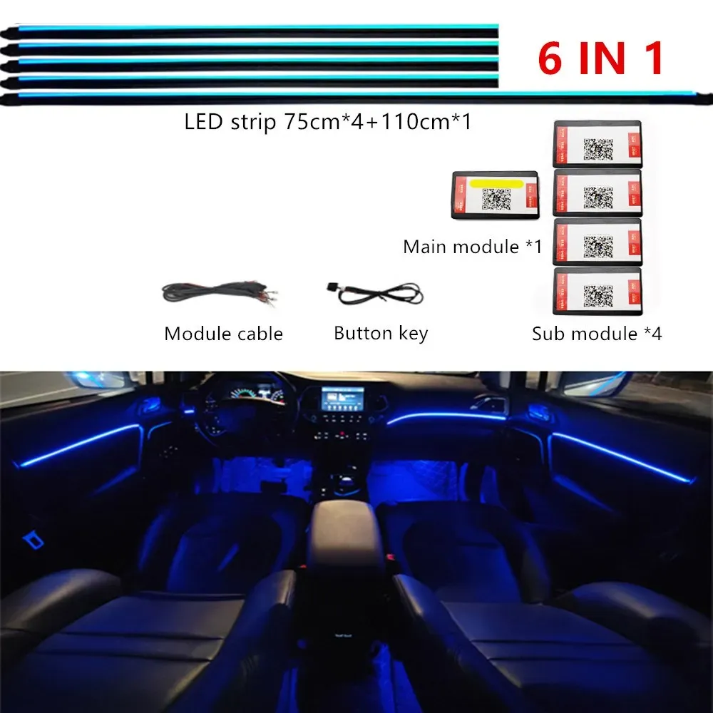 Éclairage d'ambiance LED RVB pour habitacle de voiture, 64 couleurs, guide de lumière acrylique, kit universel 10