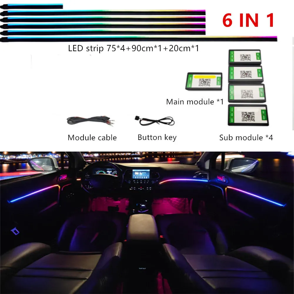 Éclairage d'ambiance LED RVB pour habitacle de voiture, 64 couleurs, guide de lumière acrylique, kit universel 12
