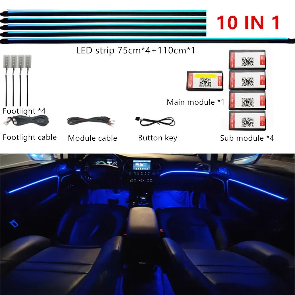 Éclairage d'ambiance LED RVB pour habitacle de voiture, 64 couleurs, guide de lumière acrylique, kit universel 11