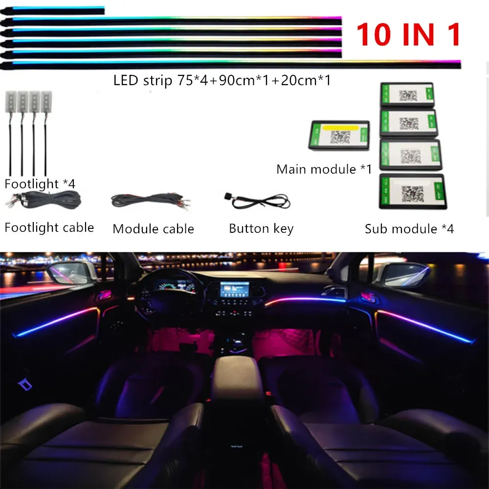 Éclairage d'ambiance LED RVB pour habitacle de voiture, 64 couleurs, guide de lumière acrylique, kit universel 8
