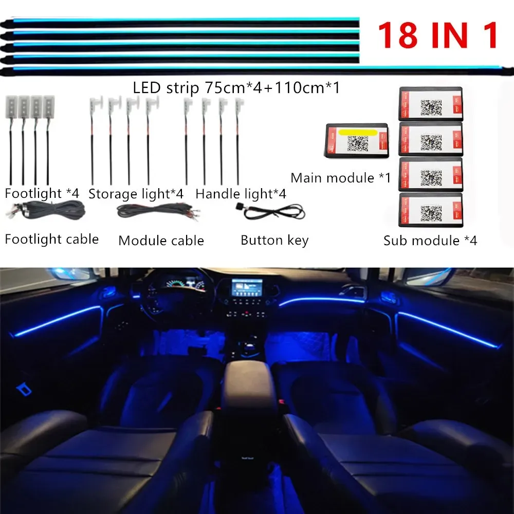 Éclairage d'ambiance LED RVB pour habitacle de voiture, 64 couleurs, guide de lumière acrylique, kit universel 7